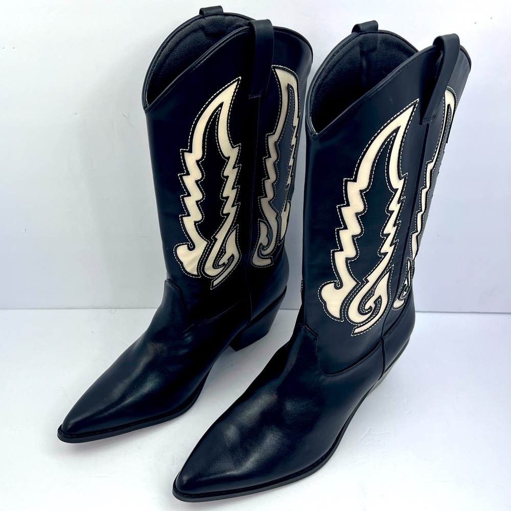 BILLINI NORVA COWGIRL BOOTS, BLACK & BONE COLOR, POINTED TOE, MAN-MADE, SIZE 10
